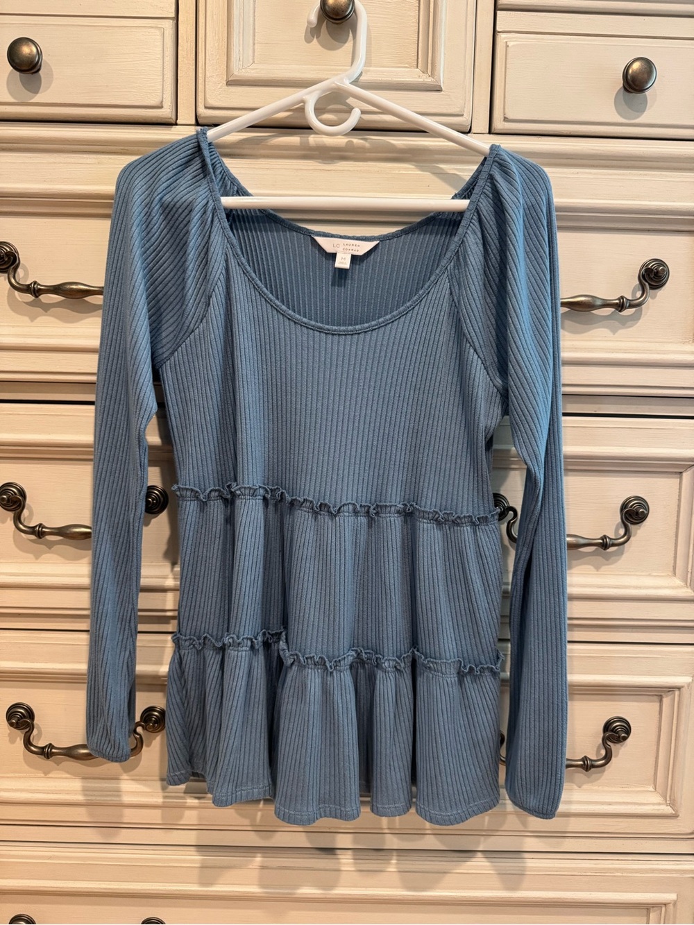 LC Lauren Conrad Dusty Blue Ribbed Tiered Long-Sleeve Tunic